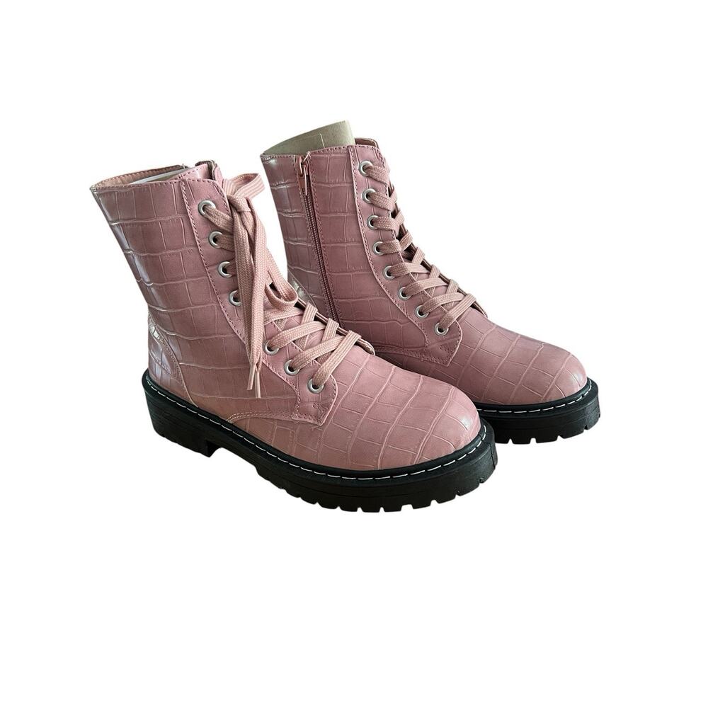 Sugar Kaedy Pink Croc Embossed Lace Up Combat Boots Side Zip Lug Sole 9 M